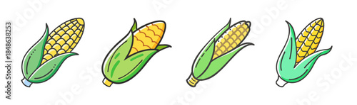 Delicious and fresh sweet corn on the cob with vibrant green husks, cartoon vector illustration