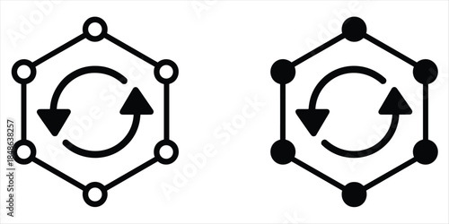 Two hexagonal icons with circular arrows and dots representing data or network connections Keywords: icon, symbol, hexagon