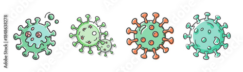 Colorful cartoon illustrations of various virus and pathogen cells with spike proteins