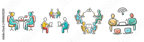 People working with technology in various collaborative and individual settings, showcasing communication