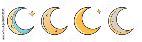 Four stylized crescent moons in various colors, featuring celestial elements