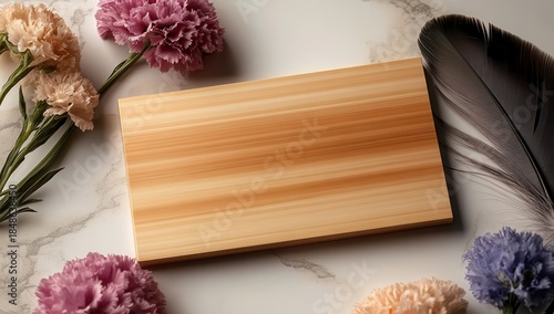 Elegant wooden board rests on marble, surrounded by delicate carnations and a dark feather, creating a serene, minimalist scene