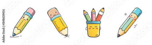 Adorable collection of smiling cartoon pencils and a friendly pencil holder for creative fun