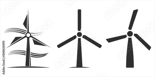 Three black silhouette icons of wind turbines in different styles Keywords: wind, turbine, energy, power, renewable, electricity