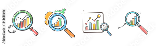 Analyzing business growth and market trends with magnifying glass icons