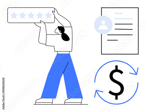 Customer satisfaction, online reviews, financial management, feedback systems, user profiles, service evaluation. Individual holding a star rating icon, beside user profile and dollar exchange