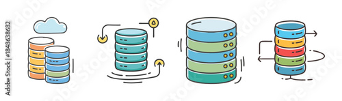 Various icons illustrating database management, cloud storage, and data processing