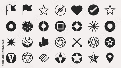 Collection of various icons and symbols including flags, stars, hearts, checkmarks, and more, isolated on