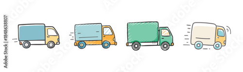 A row of four cartoon delivery trucks in motion, illustrating fast and efficient shipping services