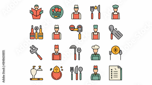 Colorful icons of chefs, cooks, and kitchen tools including utensils, ingredients, and cooking equipment