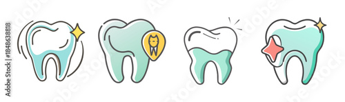Dental health icons showcasing various aspects of tooth care from cleanliness to protection and issues