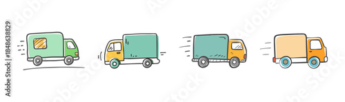 Colorful cartoon delivery trucks in motion conveying fast and efficient service
