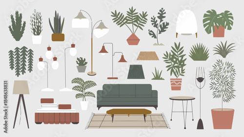 Illustration of a cozy living room with various plants, furniture, and decor items, showcasing a modern and stylish interior design