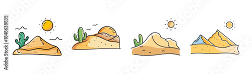 Cute hand drawn desert landscape set with sun and cactus in various styles