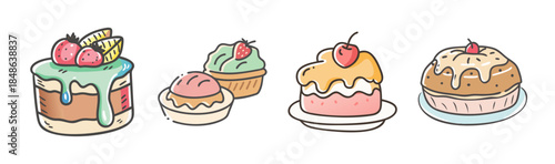 A delightful collection of hand-drawn dessert illustrations featuring colorful cakes and cupcakes