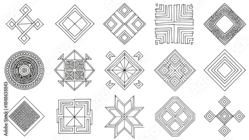Collection of intricate geometric patterns and designs in black and white
