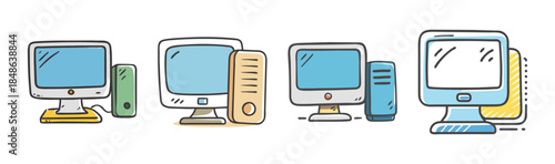 Doodle-style desktop computer collection with monitors and cpu towers