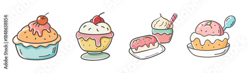 Collection of delightful hand-drawn dessert illustrations including cakes, ice cream, and sundaes