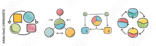 Hand drawn business diagrams illustrating various process flows and interactive concept models