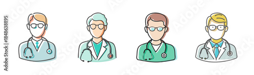 Collection of healthcare worker icons showing male and female medical professionals in uniform
