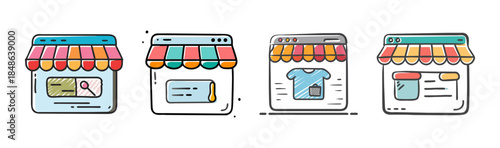 A set of colorful vector icons illustrating key features and processes of online shopping and e-commerce