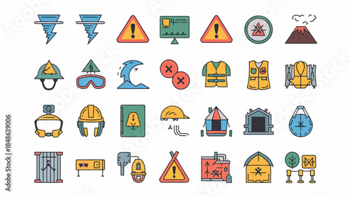 Collection of colorful icons representing weather alerts, safety equipment, and emergency preparedness