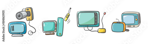 A charming collection of hand-drawn electronic gadgets and devices from past eras