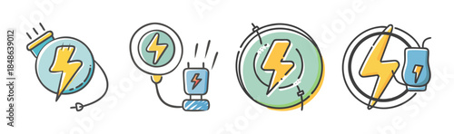 Collection of hand-drawn electrical power and charging icons with lightning bolt symbols
