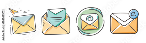 Collection of hand-drawn email and message icons depicting digital communication concepts