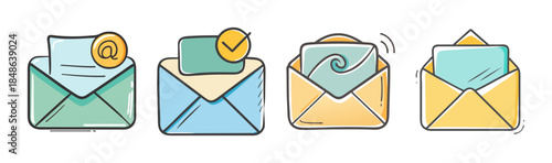 Colorful hand-drawn email and message envelope icons set for digital communication
