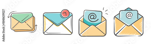 Email communication concept showing incoming messages, new notifications, and opened mail