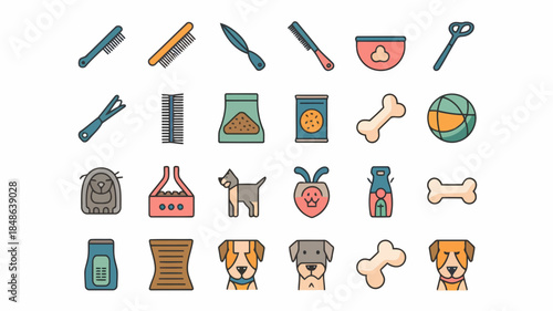 Collection of pet care items including toys, grooming tools, and food bowls illustrated in a flat design style