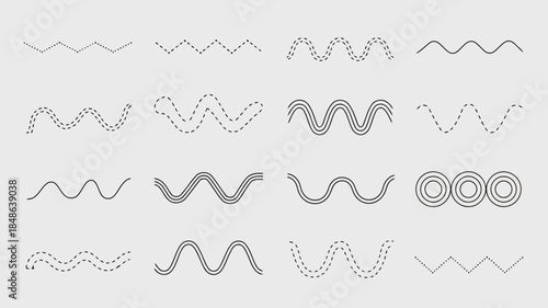 Various types of wave patterns and sine waves in black and white illustration