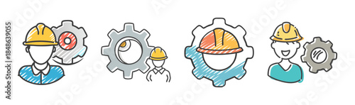 Industrial workers and gears doodle icons for construction and engineering concepts