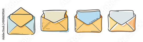 Hand-drawn collection of open and closed mail envelopes with various colored letters inside