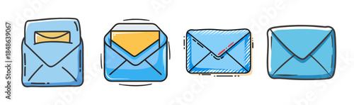 A collection of hand-drawn blue email and mail envelopes, some open and some closed