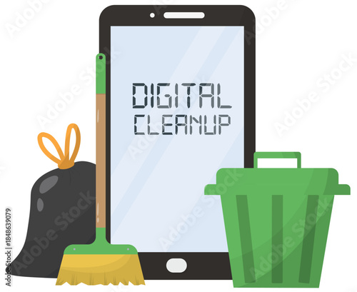 Digital Cleanup Concept with Smartphone and Tools isolated on transparent background. Ideal for tech organization, device maintenance, or data management themes. Digital cleanup. Vector illustration