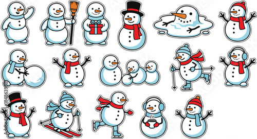 Cute Snowman Vector Character Set. Funny winter mascots in various poses isolated on white