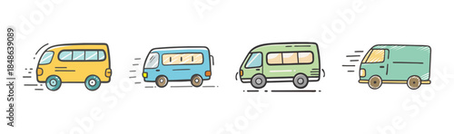 Colorful cartoon vans driving fast, illustrating speedy delivery and transportation services
