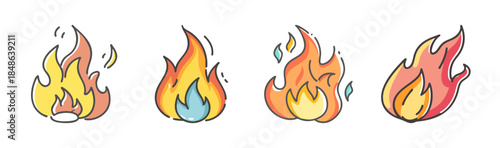 A collection of four vibrant hand-drawn fire flame icons in a playful cartoon style