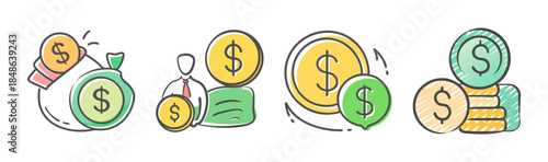 Financial management concept illustration with money bags, coins, income, and savings