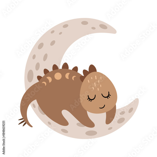 Cute sleeping dinosaur baby on the moon in pastel cartoon style. Celestial vector illustration
