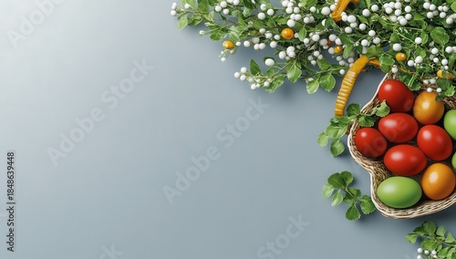 A rustic basket overflowing with colorful Easter eggs sits nestled amongst vibrant spring greenery, creating a festive Easter scene