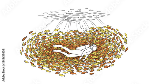 Underwater snorkeling adventure in vibrant ocean with swirling fish