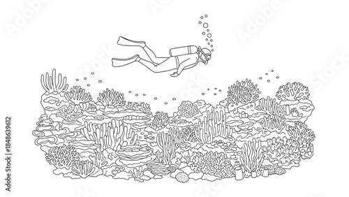 Underwater exploration: diver admiring rich marine life amidst coral reefs in monochrome line art