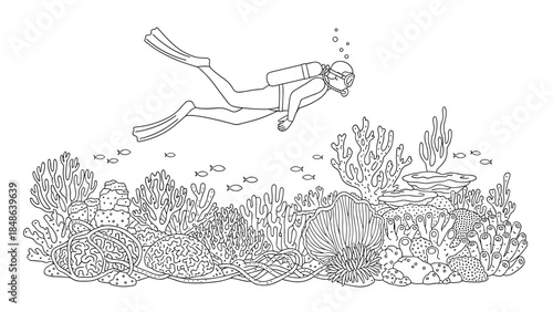Scuba diver exploring underwater coral reef in linear style