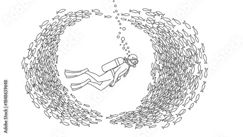 Diver surrounded by fish in underwater linear scene