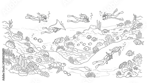 Black and white underwater scene with divers and marine life in coral reef setting