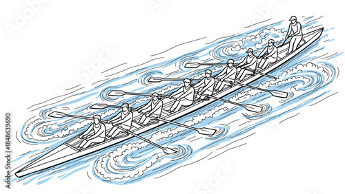 Rowing team in motion: dynamic linear drawing of eight athletes in synchrony on water