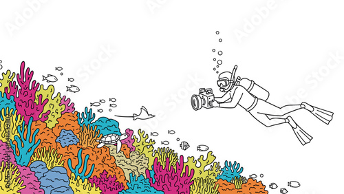 Underwater photography adventure in vibrant coral reef line art scene